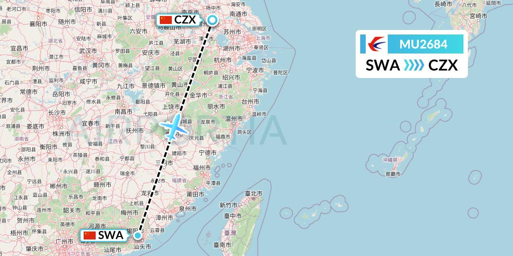 MU2684 China Eastern Airlines Flight Map: Jieyang to Changzhou
