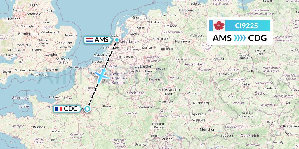 CI9225 China Airlines Flight Map: Amsterdam to Paris
