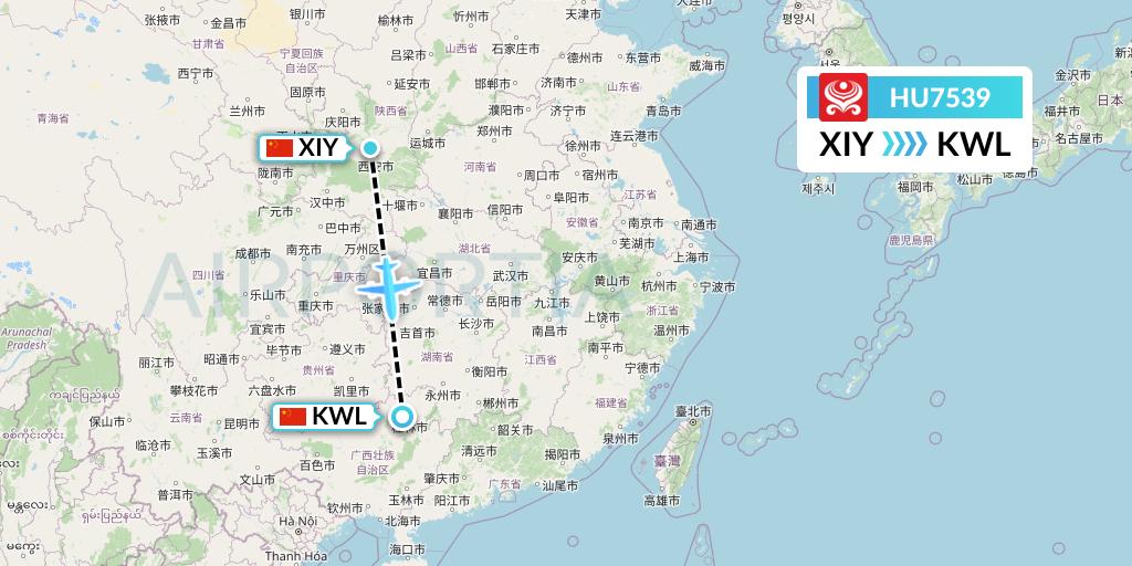 HU7539 Hainan Airlines Flight Map: Xi'an to Guilin