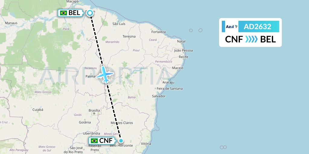 AD2632 Azul Brazilian Airlines Flight Map: Belo Horizonte to Belem