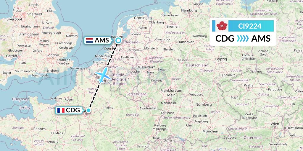 CI9224 China Airlines Flight Map: Paris to Amsterdam