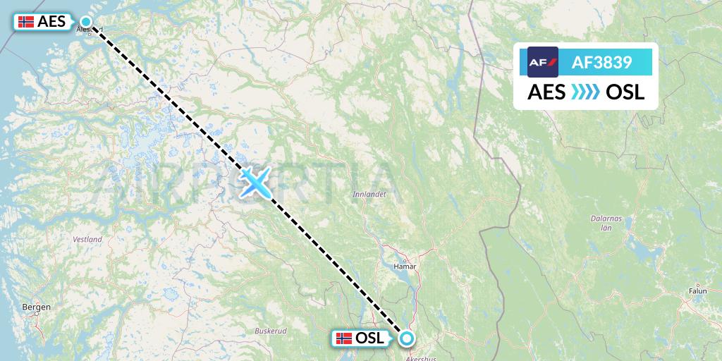 AF3839 Air France Flight Map: Alesund to Oslo