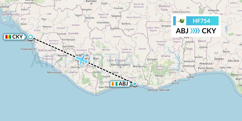 HF754 Air Cote d'Ivoire Flight Map: Abidjan to Conakry