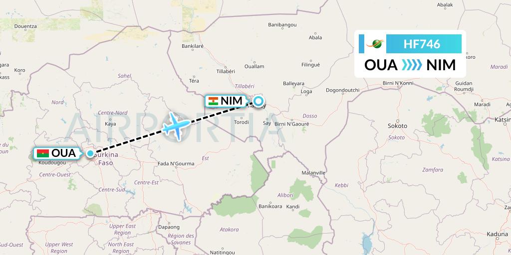 HF746 Air Cote d'Ivoire Flight Map: Ouagadougou to Niamey