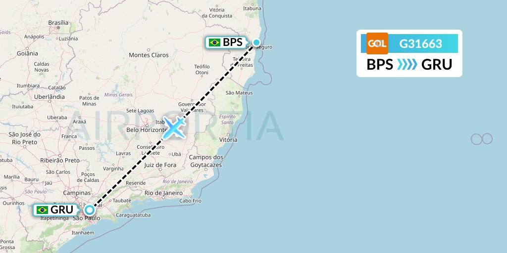 G31663 GOL Transportes Aeros Flight Map: Porto Seguro to Sao Paulo