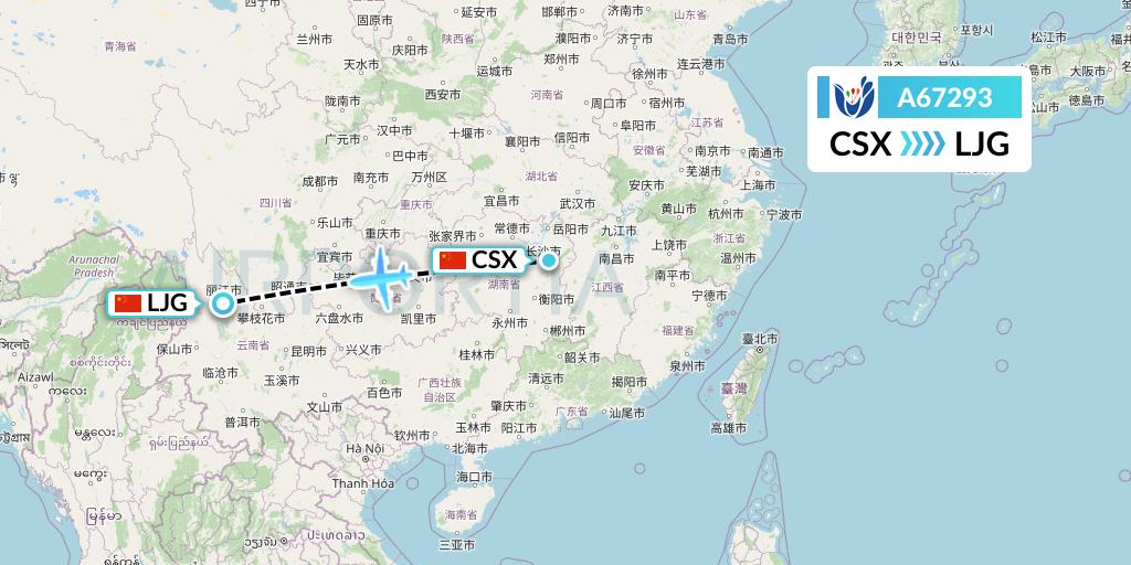 A67293 Hongtu Airlines Flight Map: Changsha to Lijiang