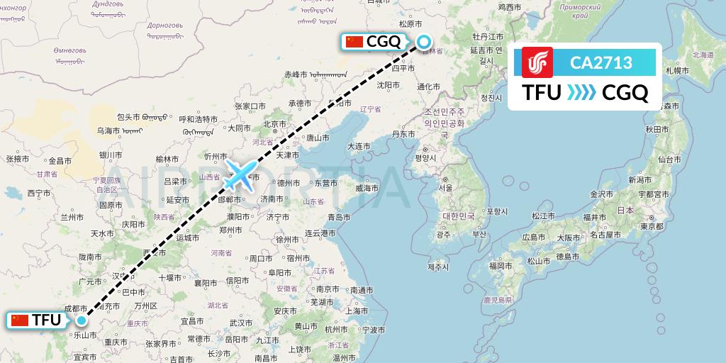 CA2713 Air China Flight Map: Chengdu to Changchun