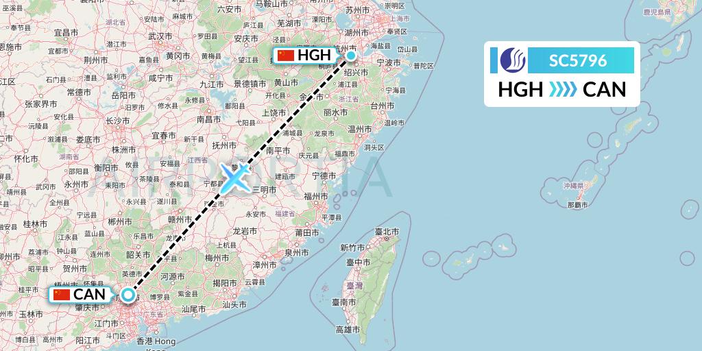 SC5796 Shandong Airlines Flight Map: Hangzhou to Guangzhou