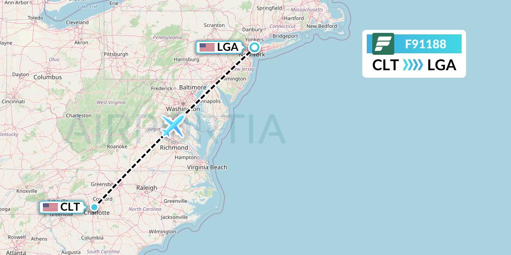 F91188 Frontier Airlines Flight Map: Charlotte to New York