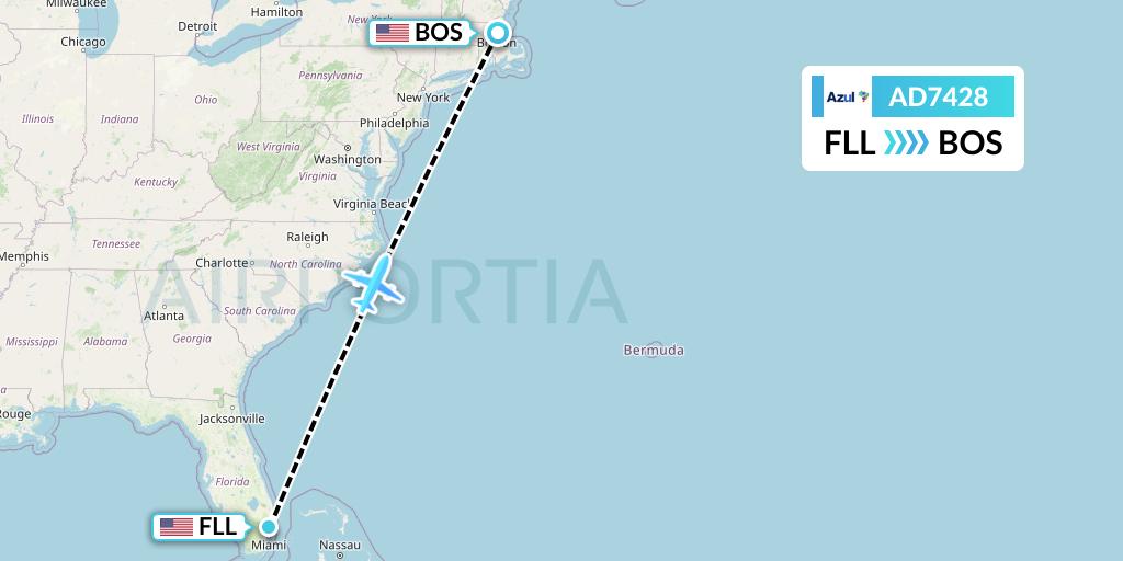 AD7428 Azul Brazilian Airlines Flight Map: Fort Lauderdale to Boston