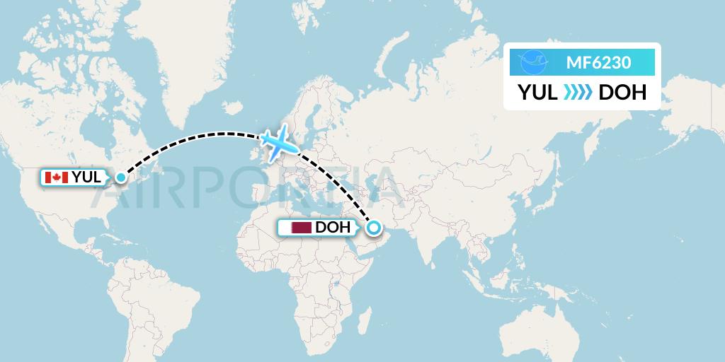 MF6230 Xiamen Airlines Flight Map: Montreal to Doha