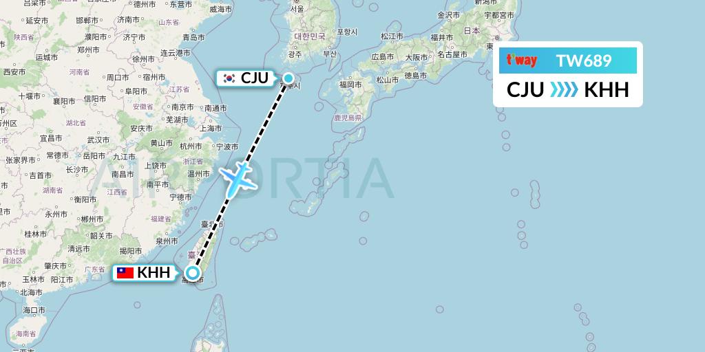 TW689 T'way Air Flight Map: Jeju to Kaohsiung
