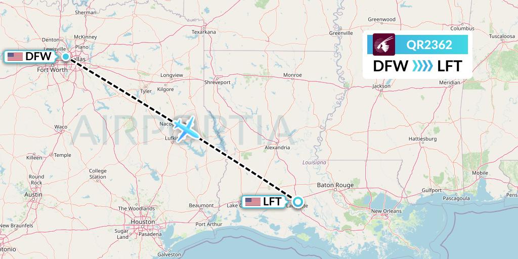 QR2362 Qatar Airways Flight Map: Dallas to Lafayette