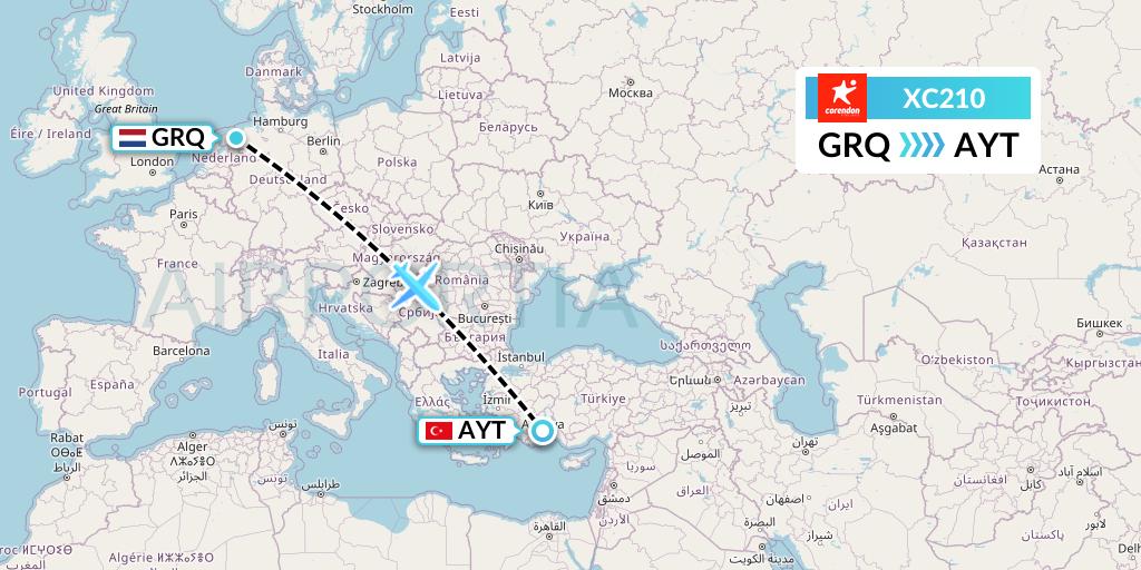 XC210 Corendon Airlines Flight Map: Groningen to Antalya