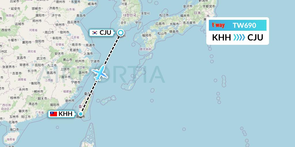 TW690 T'way Air Flight Map: Kaohsiung to Jeju