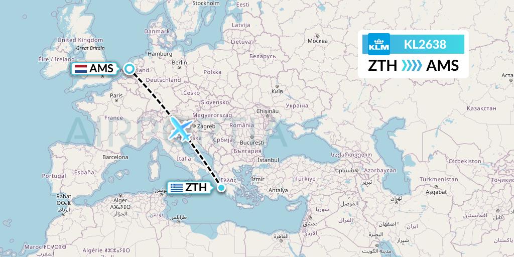 KL2638 KLM Flight Map: Zakynthos to Amsterdam