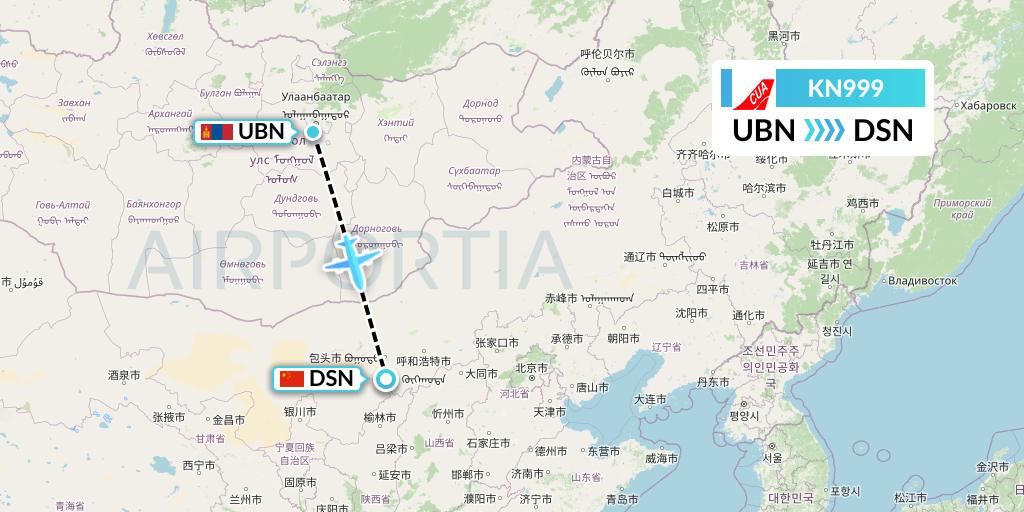 KN999 China United Airlines Flight Map: Ulan Bator to Dongsheng