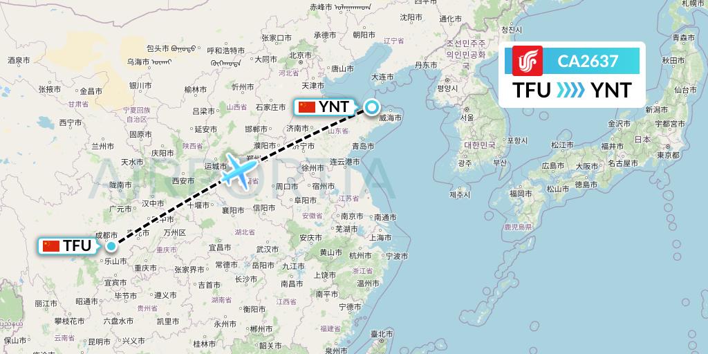 CA2637 Air China Flight Map: Chengdu to Yantai