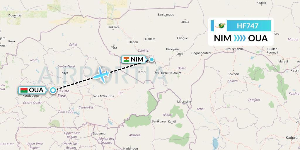 HF747 Air Cote d'Ivoire Flight Map: Niamey to Ouagadougou