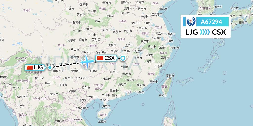 A67294 Hongtu Airlines Flight Map: Lijiang to Changsha
