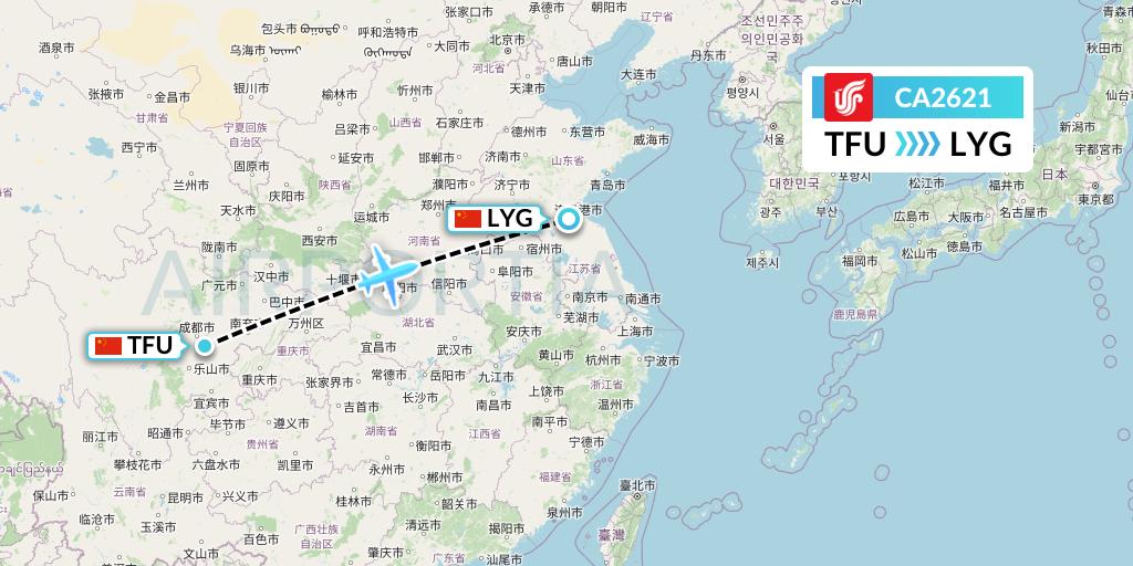 CA2621 Air China Flight Map: Chengdu to Lianyungang