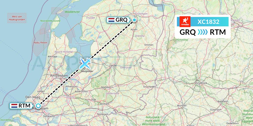 XC1832 Corendon Airlines Flight Map: Groningen to Rotterdam
