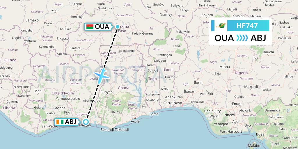 HF747 Air Cote d'Ivoire Flight Map: Ouagadougou to Abidjan