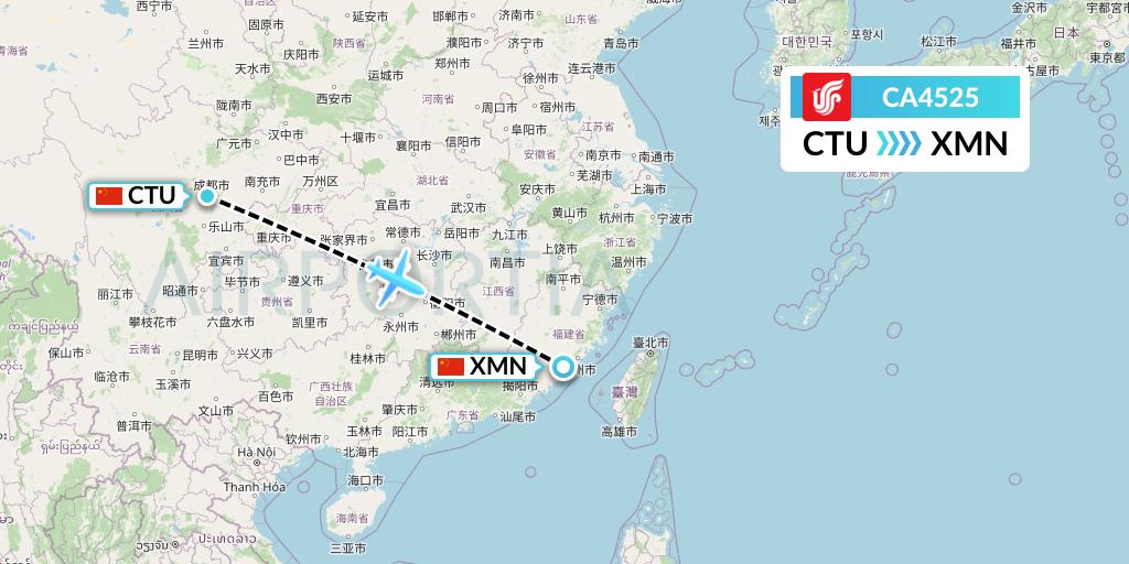 CA4525 Air China Flight Map: Chengdu to Xiamen