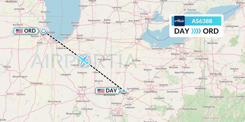 AS6388 Alaska Airlines Flight Map: Dayton to Chicago