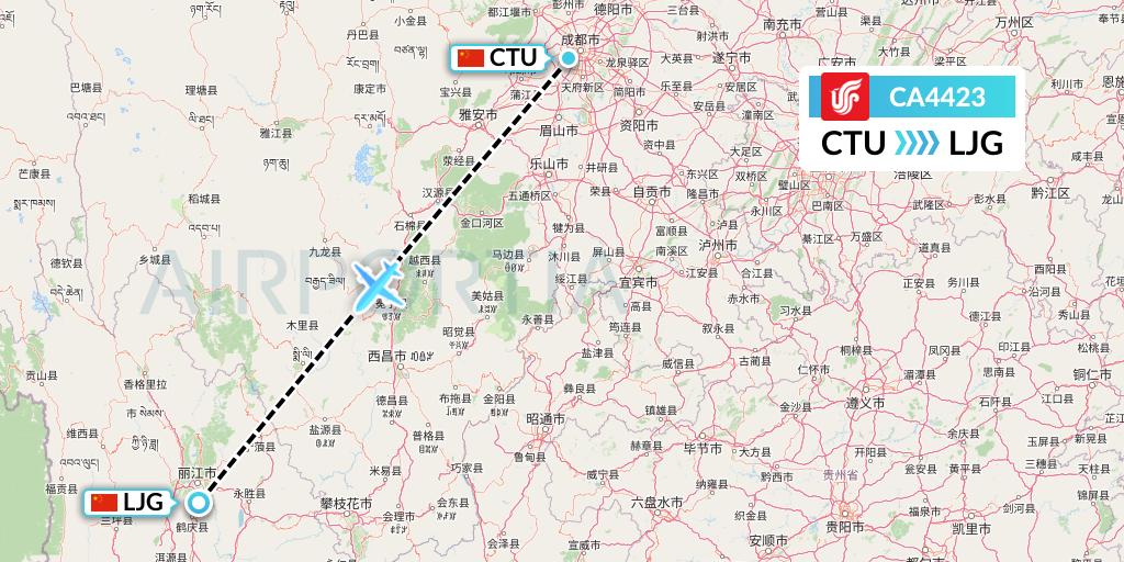 CA4423 Air China Flight Map: Chengdu to Lijiang