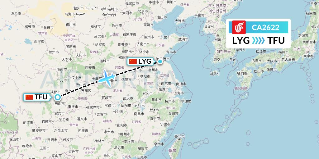 CA2622 Air China Flight Map: Lianyungang to Chengdu