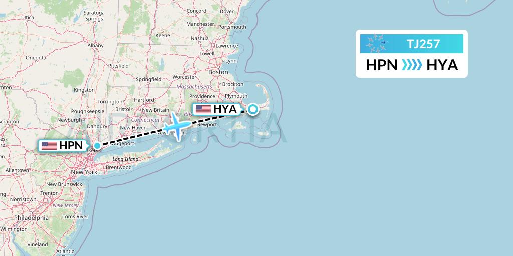 TJ257 Tradewind Aviation Flight Map: White Plains to Hyannis