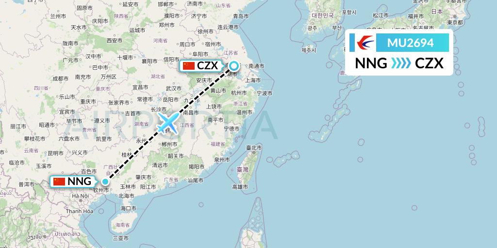 MU2694 China Eastern Airlines Flight Map: Nanning to Changzhou