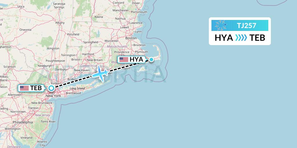 TJ257 Tradewind Aviation Flight Map: Hyannis to Teterboro