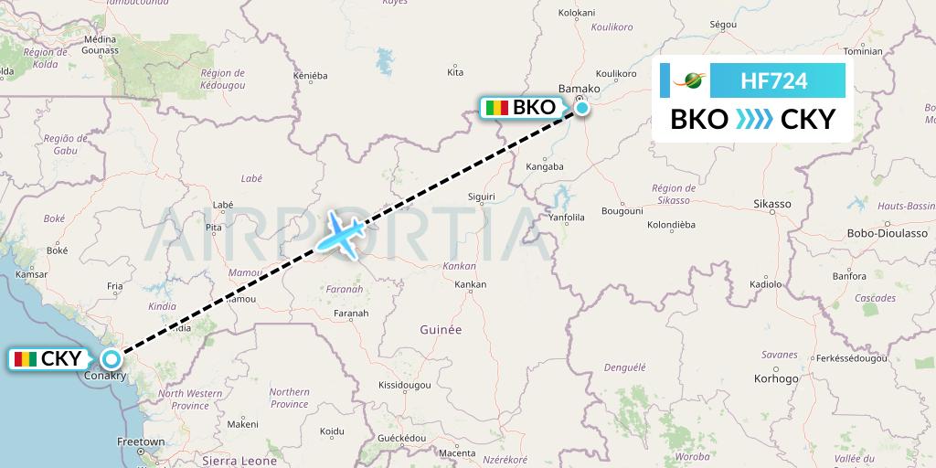 HF724 Air Cote d'Ivoire Flight Map: Bamako to Conakry