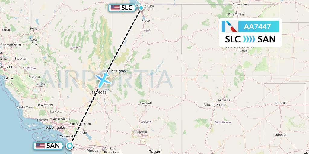 AA7447 American Airlines Flight Map: Salt Lake City to San Diego