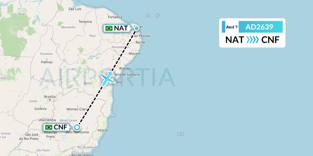 AD2639 Azul Brazilian Airlines Flight Map: Natal to Belo Horizonte