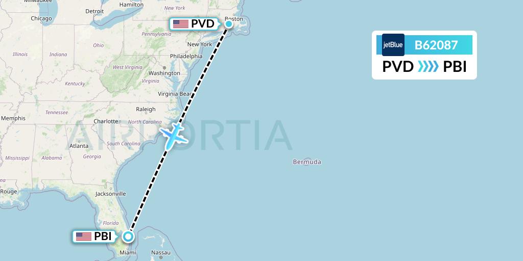 B62087 JetBlue Airways Flight Map: Providence to West Palm Beach