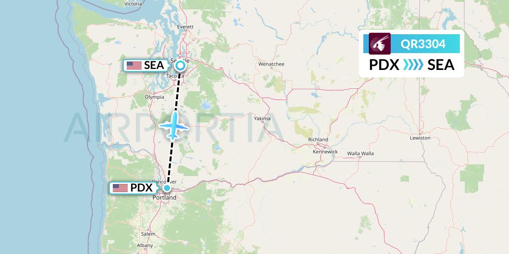 QR3304 Qatar Airways Flight Map: Portland to Seattle