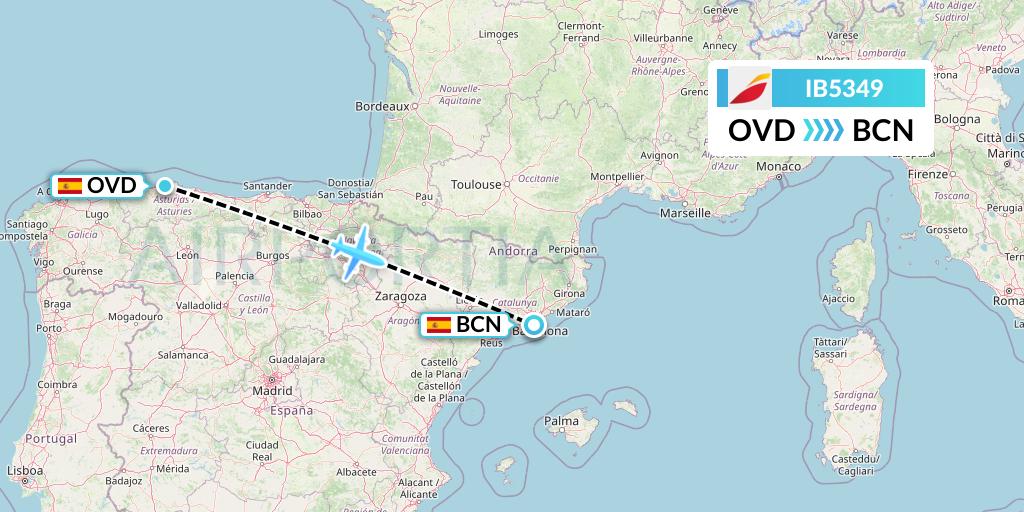 IB5349 Iberia Flight Map: Asturias to Barcelona