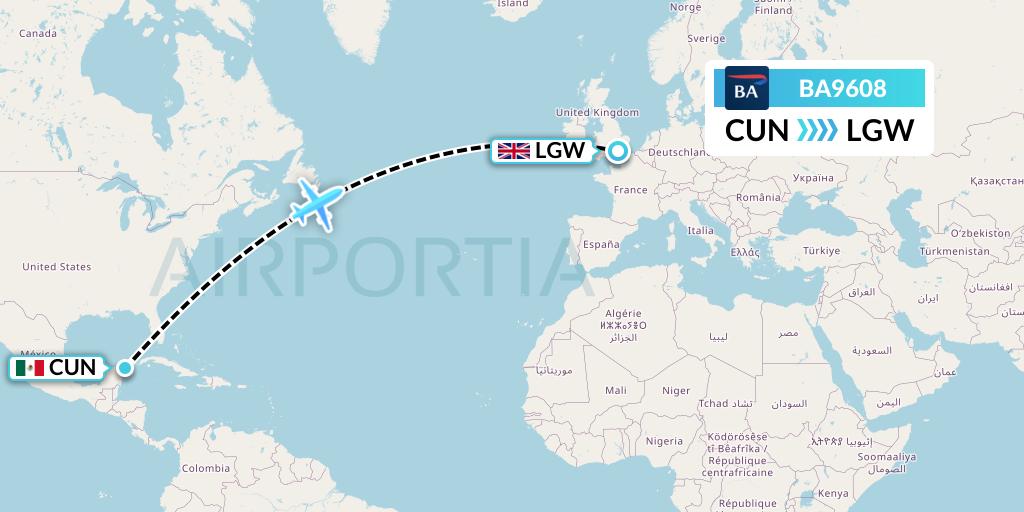 BA9608 British Airways Flight Map: Cancun to London