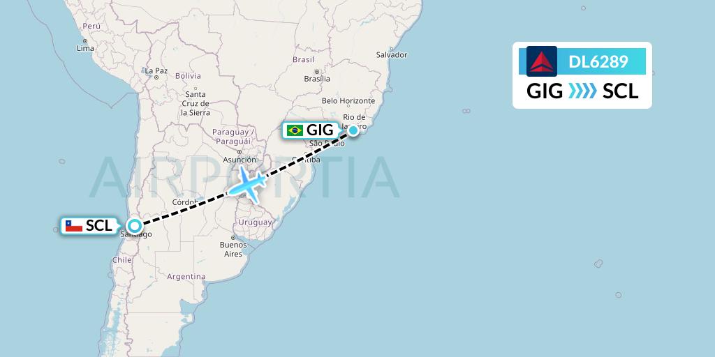 DL6289 Delta Air Lines Flight Map: Rio de Janeiro to Santiago