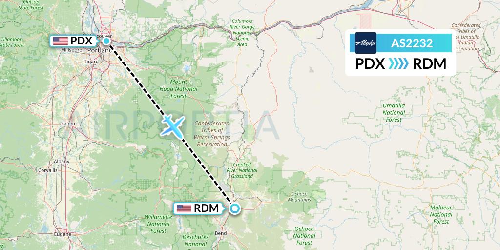 AS2232 Alaska Airlines Flight Map: Portland to Redmond