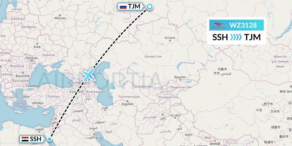 WZ3128 Red Wings Flight Map: Sharm el-Sheikh to Tyumen