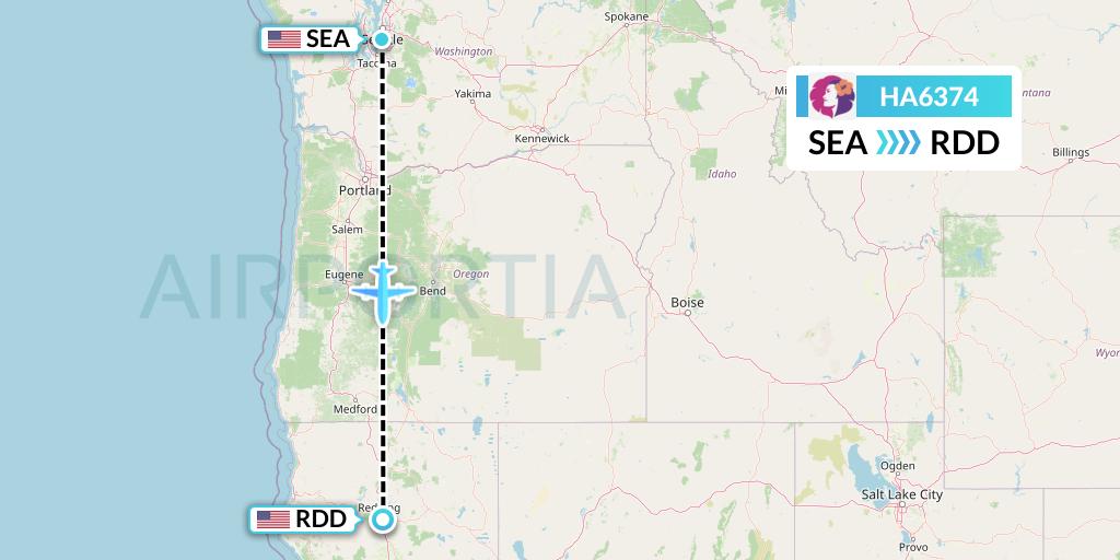 HA6374 Hawaiian Airlines Flight Map: Seattle to Redding