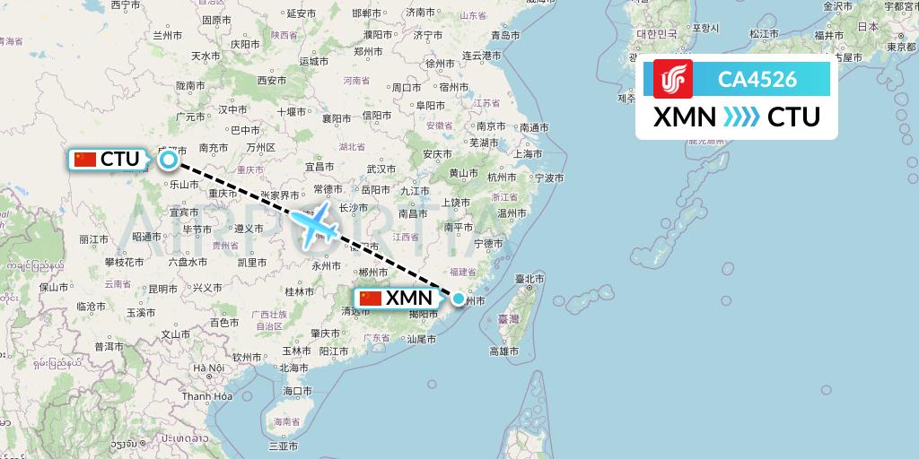CA4526 Air China Flight Map: Xiamen to Chengdu