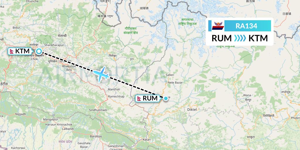 RA134 Royal Nepal Airlines Flight Map: Rumjatar to Kathmandu