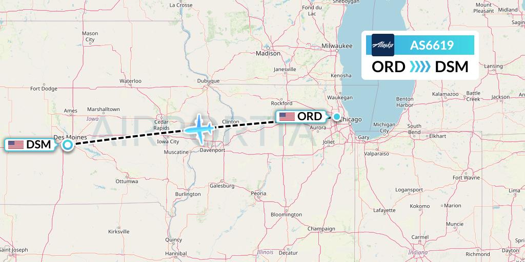 AS6619 Alaska Airlines Flight Map: Chicago to Des Moines