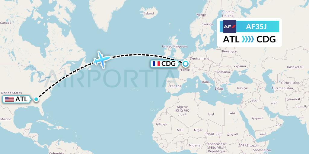 AF35J Air France Flight Map: Atlanta to Paris