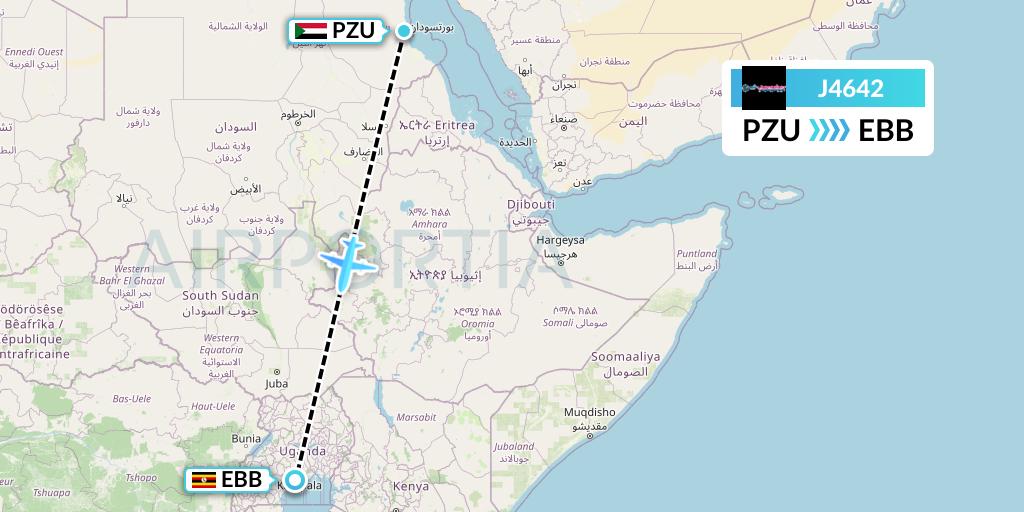 J4642 Badr Airlines Flight Map: Port Sudan to Entebbe